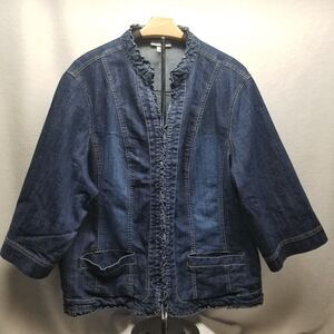 DressBarn Womens 24 Jean Jacket Front Hook & Eye 3/4 Sleeve Ruffled Denim Blue